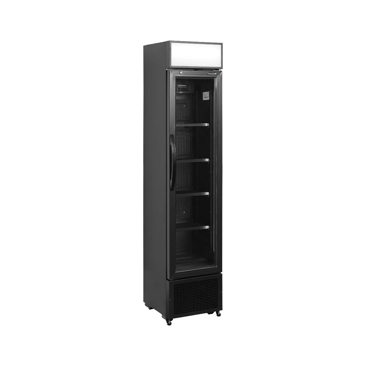 Slimline Glass Door Merchandiser FSC175H – Black, 1 Hinged Door, LED Canopy & Adjustable Shelves, Fan Assisted Cooling, 182L