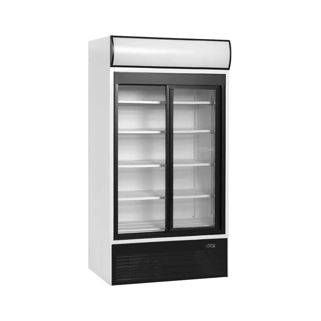 Glass Door Merchandiser FSC1000S – 2 Sliding Doors, Fan-Assisted Cooling, LED Lighting, White, 771L Capacity, Supermarket & Cafe Display Cooler