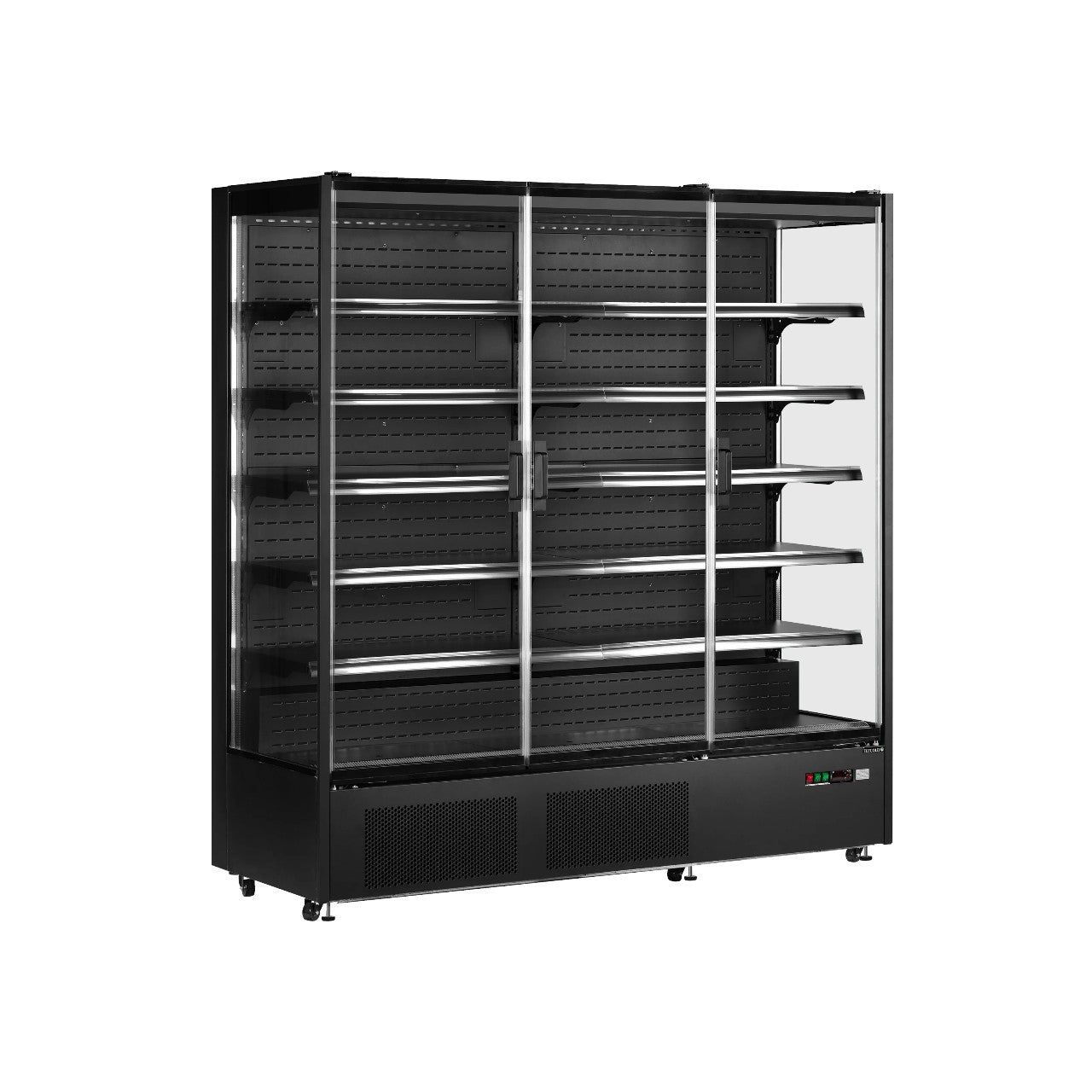 PC1870B Commercial Multideck Display Fridge with 3 Glass Doors, Black Finish, LED Shelves, Energy Class B