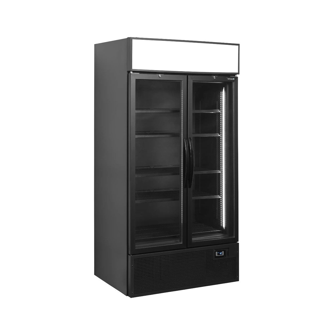 Glass Door Merchandiser FSC1000H Black – 1000mm Commercial Display Fridge with LED Canopy, Dual Hinged Glass Doors, Ventilated Cooling