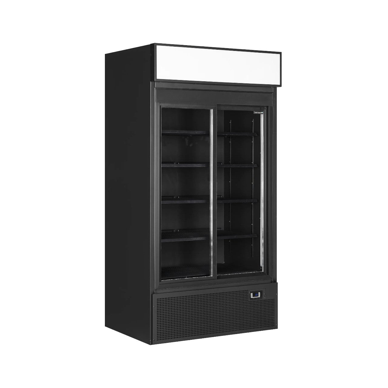 Glass Door Merchandiser FSC1000S Black – 1000mm Commercial Display Fridge with Sliding Doors, LED Lighting & Ventilated Cooling