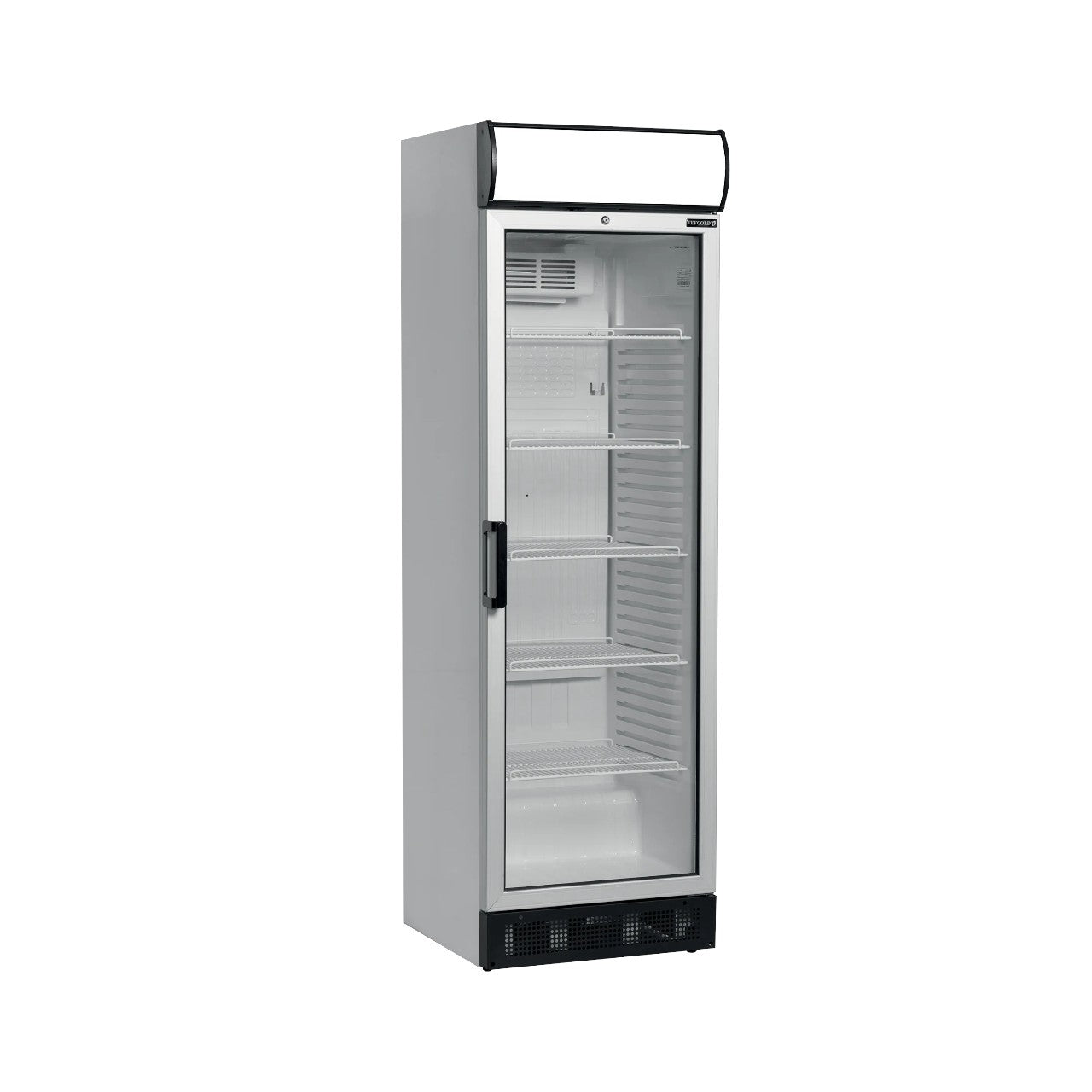 Glass Door Merchandiser FSC1380 with LED Canopy, Fan Assisted Cooling, Lockable Display Fridge, White Finish