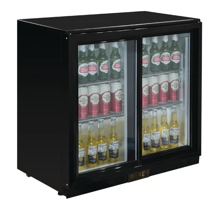 Polar Double Sliding Door Back Bar Cooler GL010 – Black with LED Lighting, 198L, Sliding Doors, Lockable
