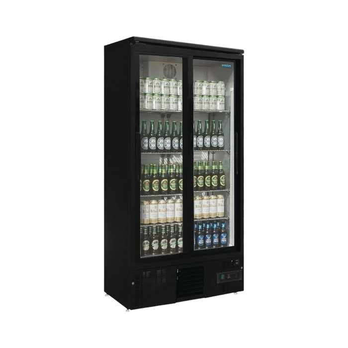 Polar GJ448 Upright Back Bar Cooler 490L Black Sliding Doors 8 Adjustable Shelves LED Lighting Fan