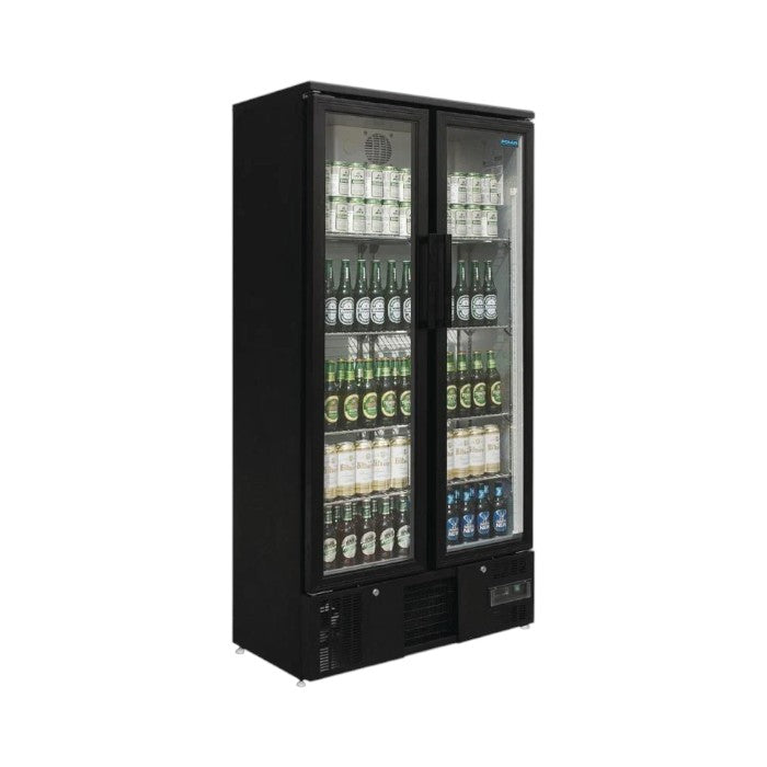 Polar GJ449 Upright Back Bar Cooler 490L Black Double Hinged Doors Adjustable Shelves Auto Defrost Interior LED Lighting Commercial Beverage Fridge