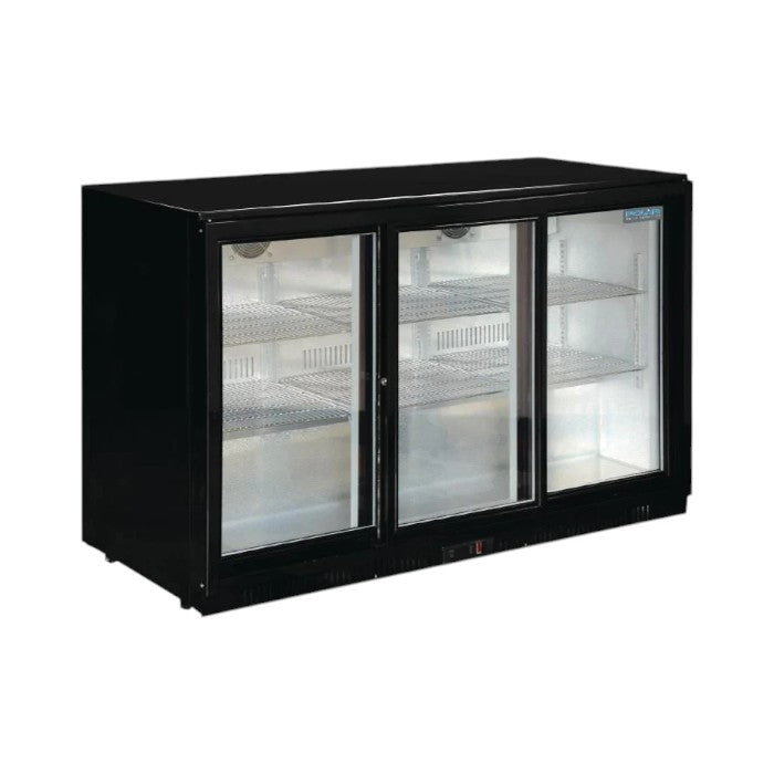 Polar GL006 Triple Sliding Door 330L Back Bar Cooler – Black Commercial Fridge with LED
