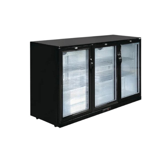 Polar Triple Hinged Door Back Bar Cooler with LED Lighting, 320L – Black, 3 Doors, 850mm High