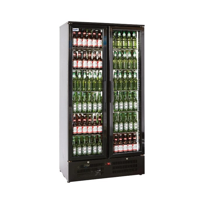 Prodis NT20-HC Double Door Upright Bottle Cooler – 560L, Black Finish, LED Lighting, Fan Assisted Cooling