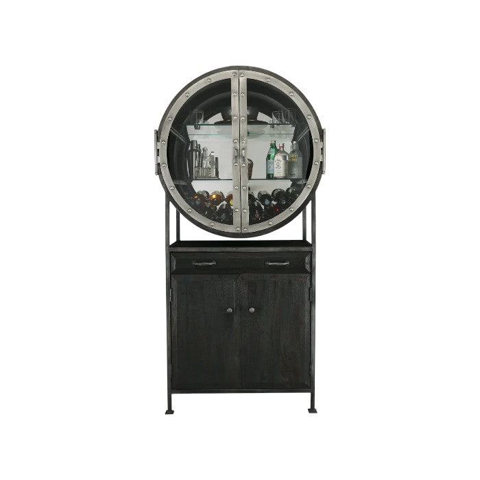 Rob Roy Aged Mocha Bar Cabinet with Wine & Glass Storage | Hardwood & Metal Frame