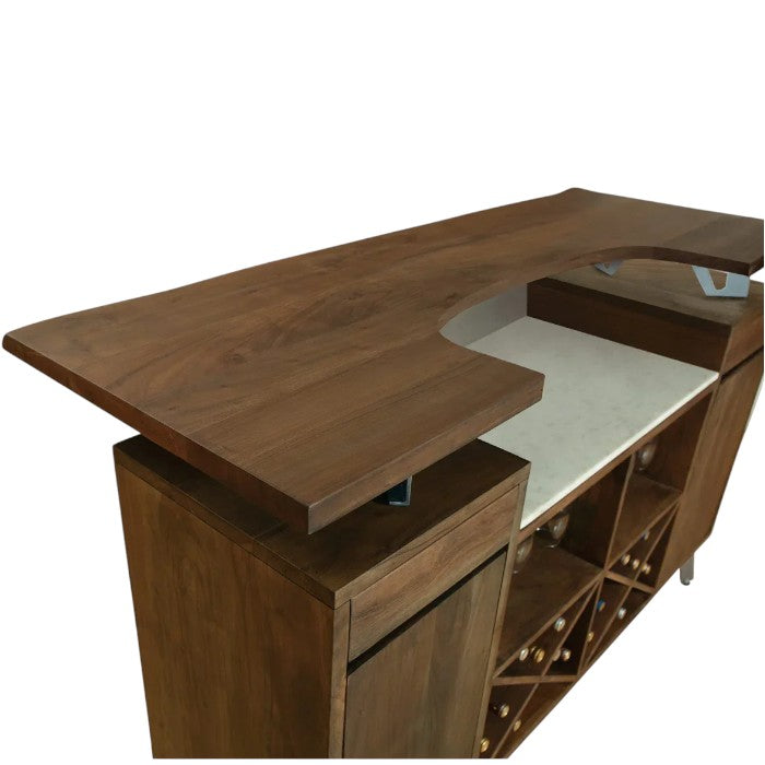 Rustic Walnut Solid Wood Bar Cabinet with Marble Countertop & Wine Storage