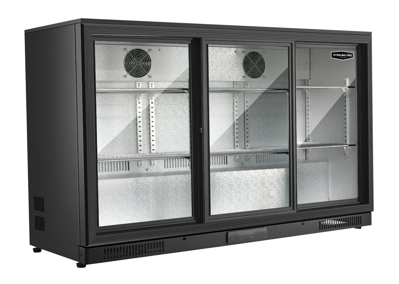 Sterling Pro SP3HC-BS Triple Door Sliding Bottle Cooler – 300L, Black, 274 Bottles, LED Lighting, Fan Assisted Cooling