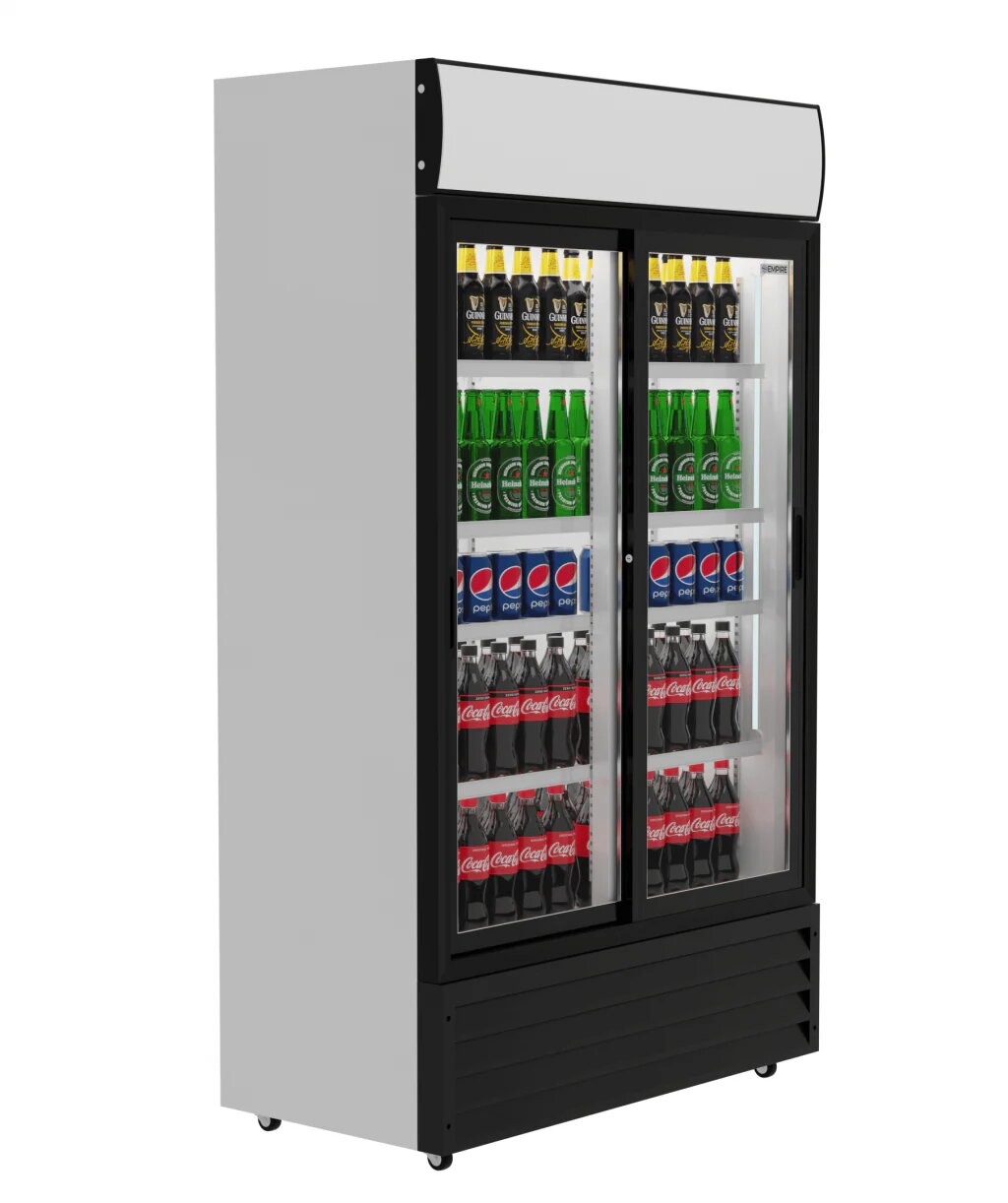 Empire Premium Double Sliding Door Display Cooler with Light Canopy, 688L, Low-E Glass, Fan Cooled, 0–10°C