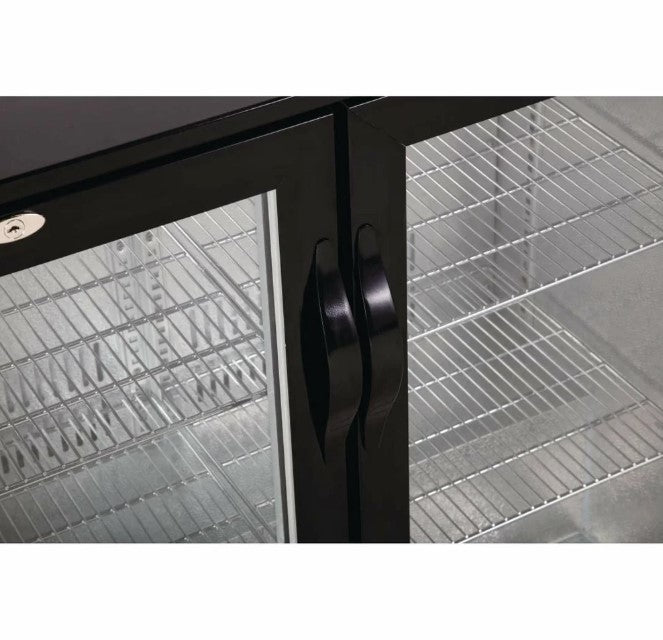 Polar Double Sliding Door Back Bar Cooler in Black with LED Lighting – 208L, Lockable, Adjustable Shelves, R600a