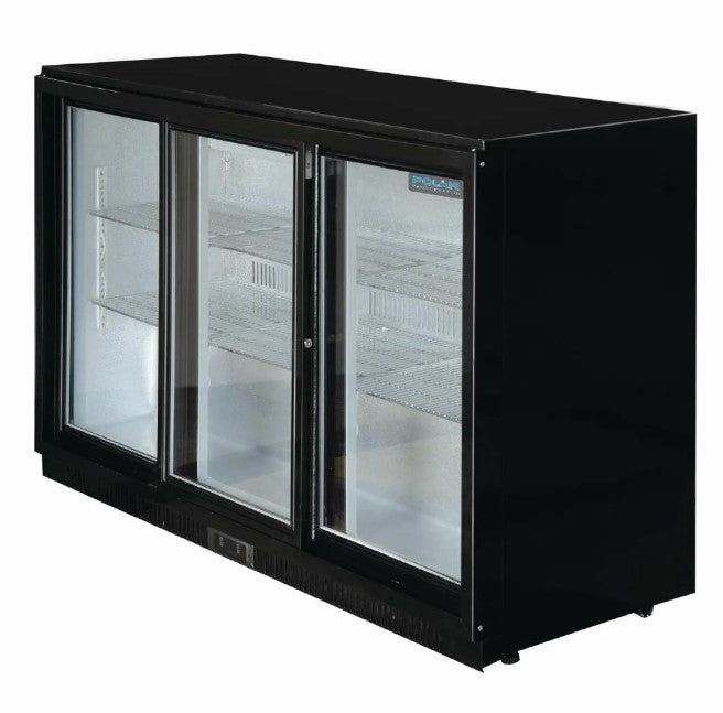 Polar Triple Hinged Door Back Bar Cooler with LED Lighting, 320L – Black, 3 Doors, 850mm High