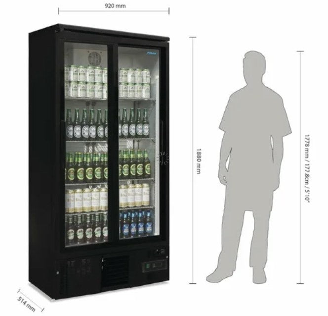 Polar GJ448 Upright Back Bar Cooler 490L Black Sliding Doors 8 Adjustable Shelves LED Lighting Fan