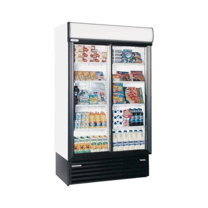 Staycold Double Sliding Glass Door Merchandiser with Canopy - 890L, White, LED Lighting, Fan Assisted Cooling, SD1140