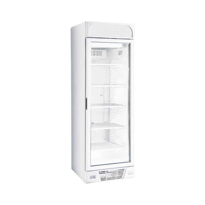 Sterling Pro BBVF372 White Upright Glass Door Display Freezer 382 Litres – European Built, Self-Closing, Illuminated Canopy