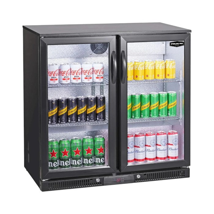 Sterling Pro Green Hinged Double Door Low Height Outdoor Bottle Cooler Black 180 x 330ml Bottles | SP2LO-OUT-BK