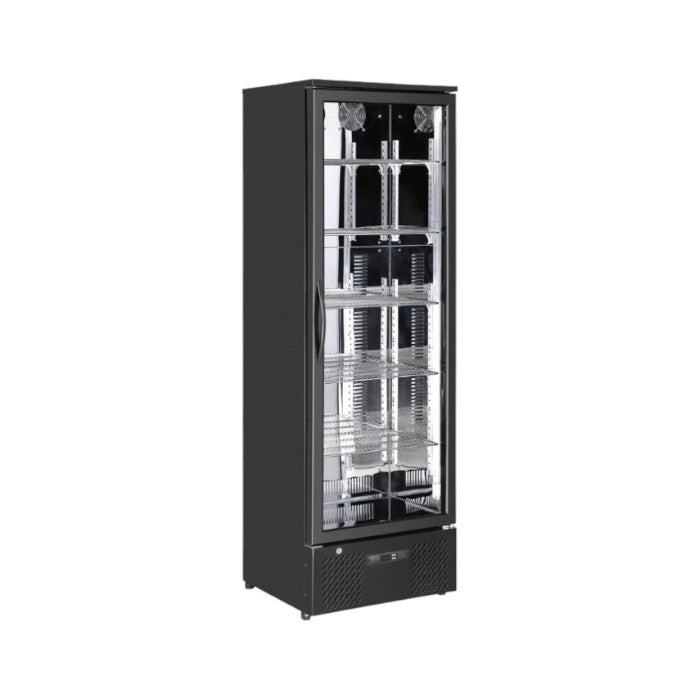 Sterling Pro SP110-BK Black Single Door Upright Bottle Cooler 293L – Static Cooling, Lockable, Stainless Steel Interior, Adjustable Shelves