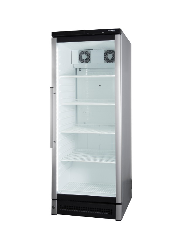 Vestfrost M 150 Glass Door Upright Fridge – 281L Single Door, LED Lighting, Eco Mode, Silver