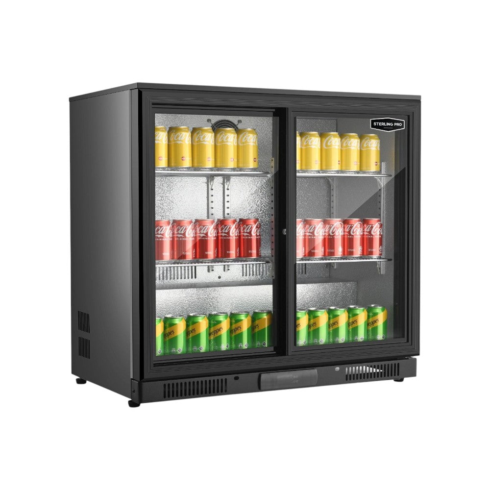 Sterling Pro Green SP2HC-BS Commercial Sliding Double Door Bottle Cooler – 180 Bottle Capacity, 900mm Black Upright Back Bar Fridge with LED Lighting, Adjustable Shelves & R600a Refrigerant