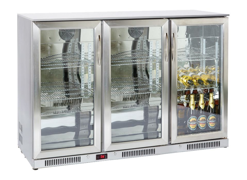 Prodis NT3ST-HC Stainless Steel Triple Door Undercounter Bottle Cooler, 300L, Hinged Glass Doors, Fan Assisted, LED Lighting, Lockable, Adjustable Shelves