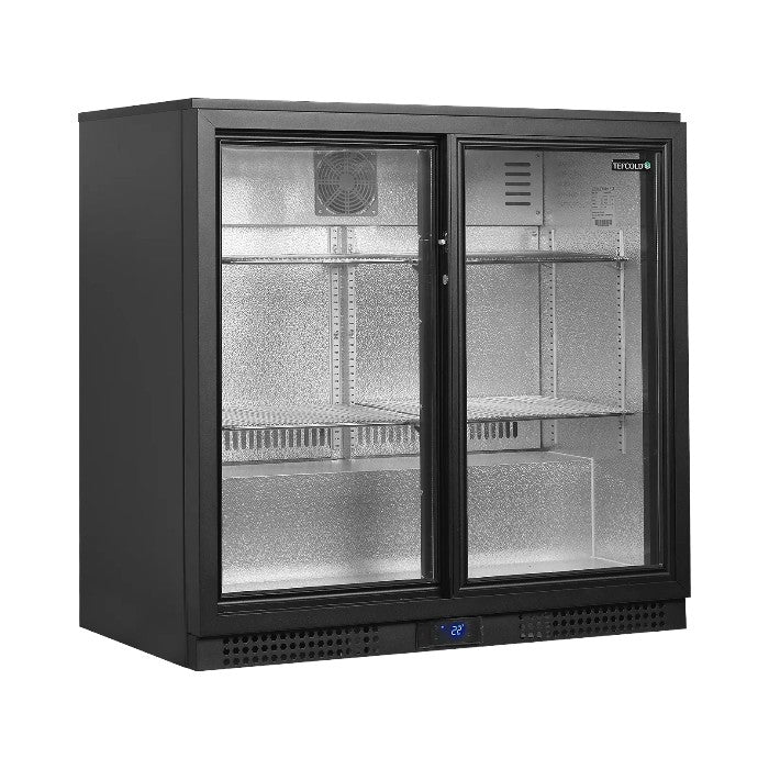 BA21S Energy Class A Double Sliding Door Back Bar Cooler – Black Finish, Ventilated Cooling, LED Light, Lockable