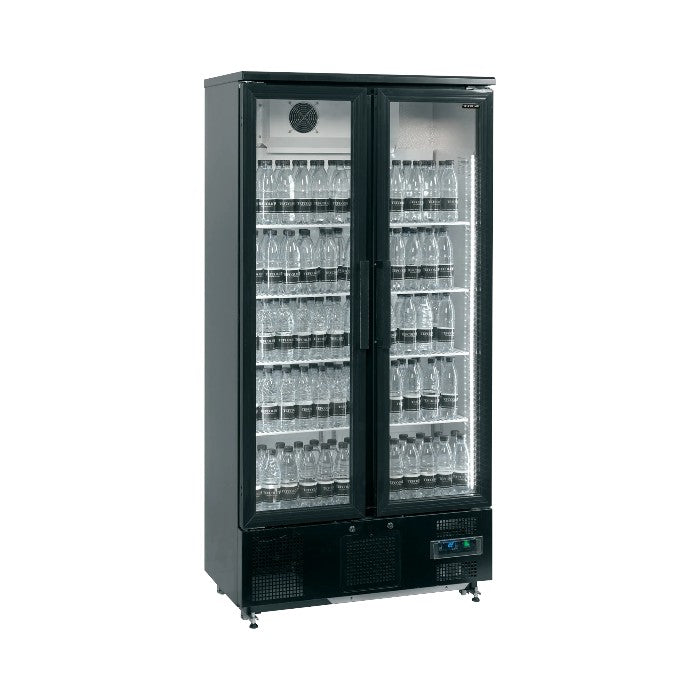 Upright Back Bar Cooler EM500 – Double Glass Doors, LED Lighting, Adjustable Shelves, Fan Assisted Cooling, 490L Capacity, Black