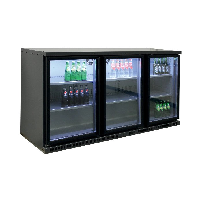 High-End Backbar Cooler SGD-360GE – 3 Hinged Glass Doors, Adjustable Shelves, LED Light, Electronic Controller, Ventilated Cooling, Energy Class E