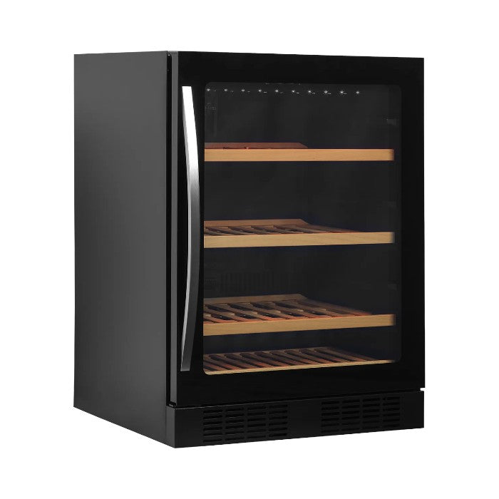 TFW200F Frameless Glass Door Wine Cooler – 48 Bottle Undercounter Wine Cabinet, Single Zone, LED Lighting, Wooden Shelves, Black Finish