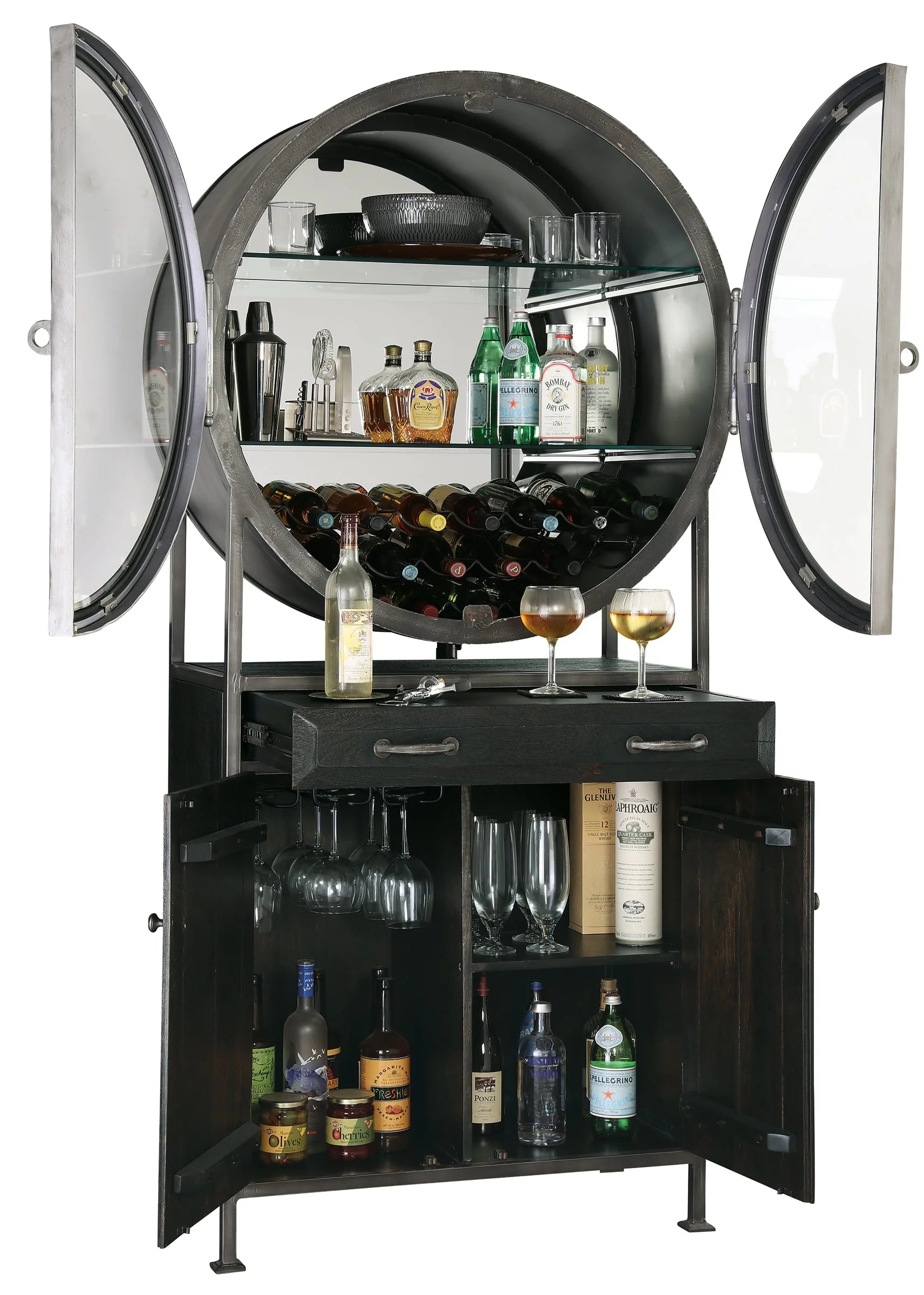 Rob Roy Aged Mocha Bar Cabinet with Wine & Glass Storage | Hardwood & Metal Frame