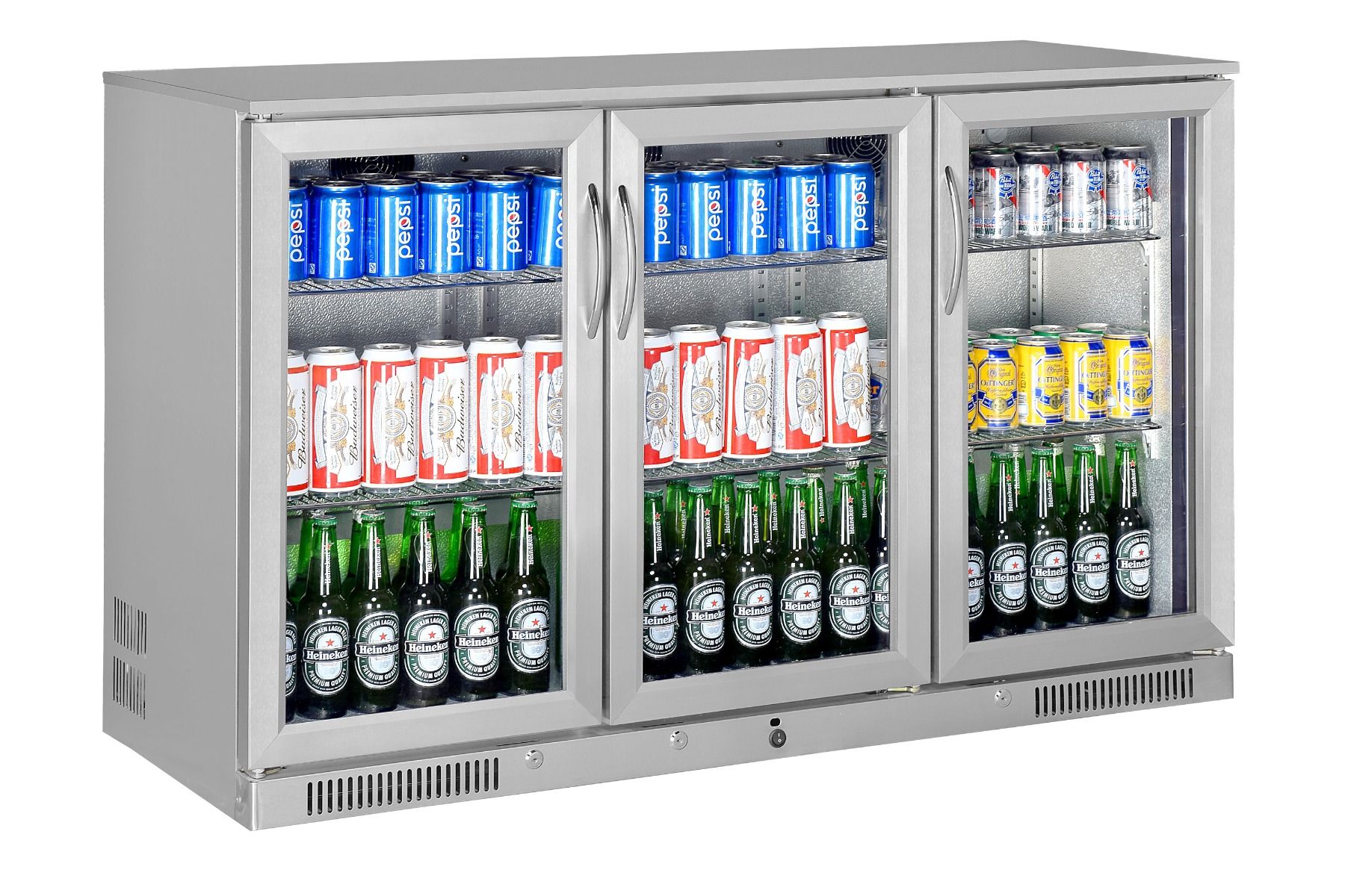 Sterling Pro Green SP3HC-STS Triple Door Stainless Steel Bottle Cooler – 274 x 330ml Bottles, 338L Capacity, LED Lighting, Adjustable Shelves, Lockable, Automatic Defrost