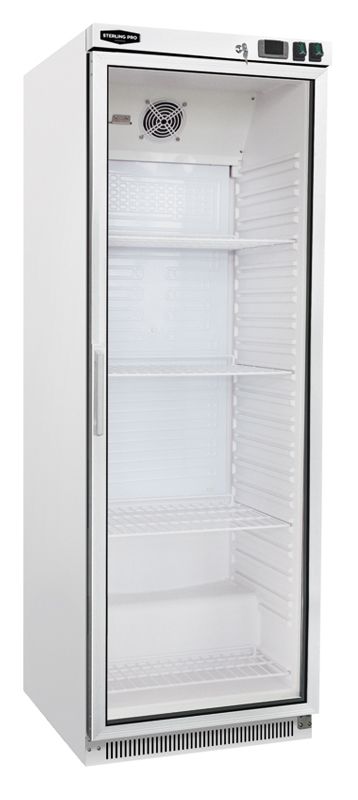 Sterling Pro Cobus SPR400G Glass Door Upright Refrigerator, 360L, Fan Assisted, Lockable, White ABS Interior