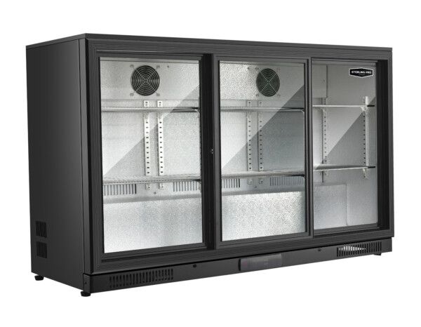 Sterling Pro Green SP3HC-LOW-BS Sliding Triple Door Low Height Bottle Cooler – 274 x 330ml Bottles, LED Lighting, Lockable, Automatic Defrost, Black