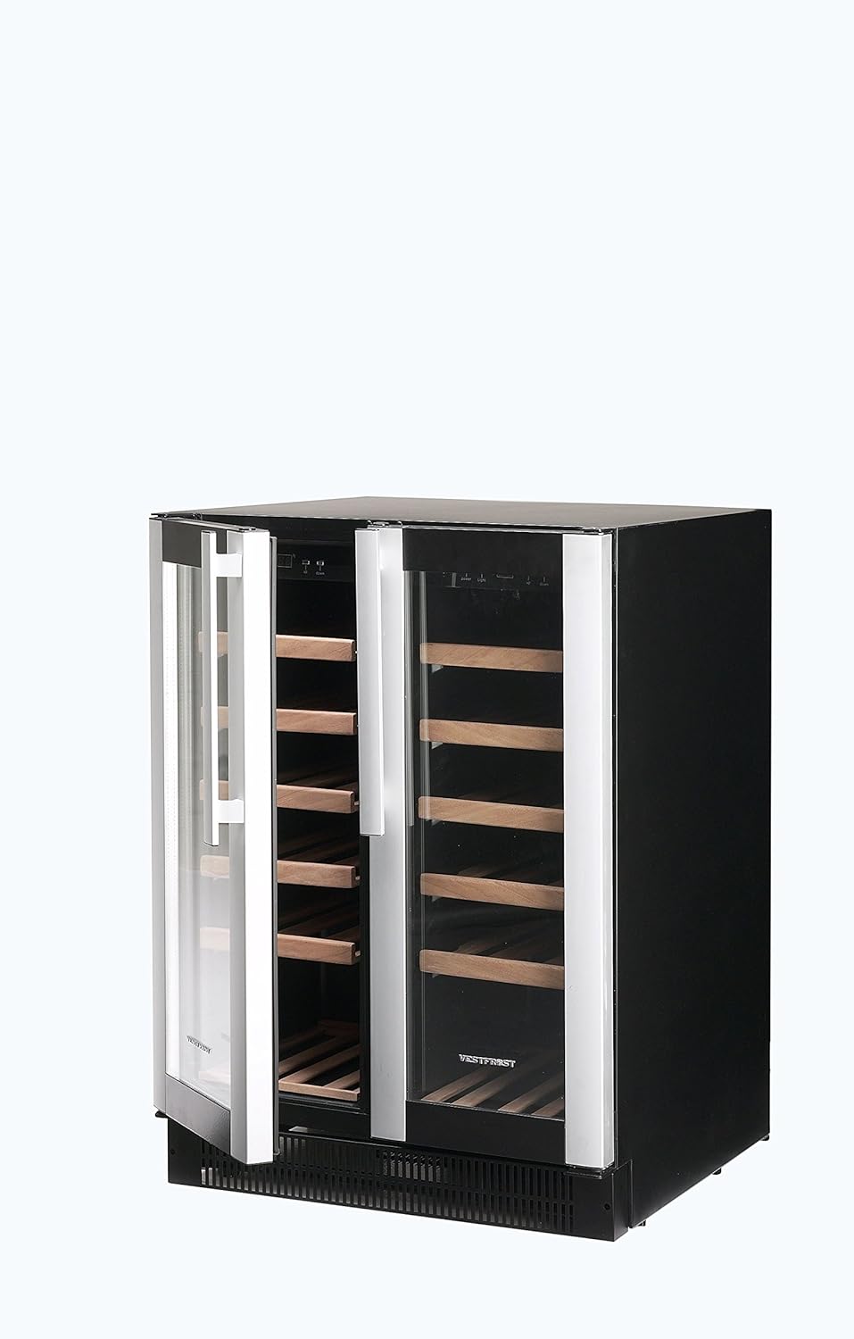 Vestfrost W38 Under Counter Double Door Wine Cabinet – 38 Bottles, Dual Temperature, Black Laminated Exterior, Smoked Glass Doors