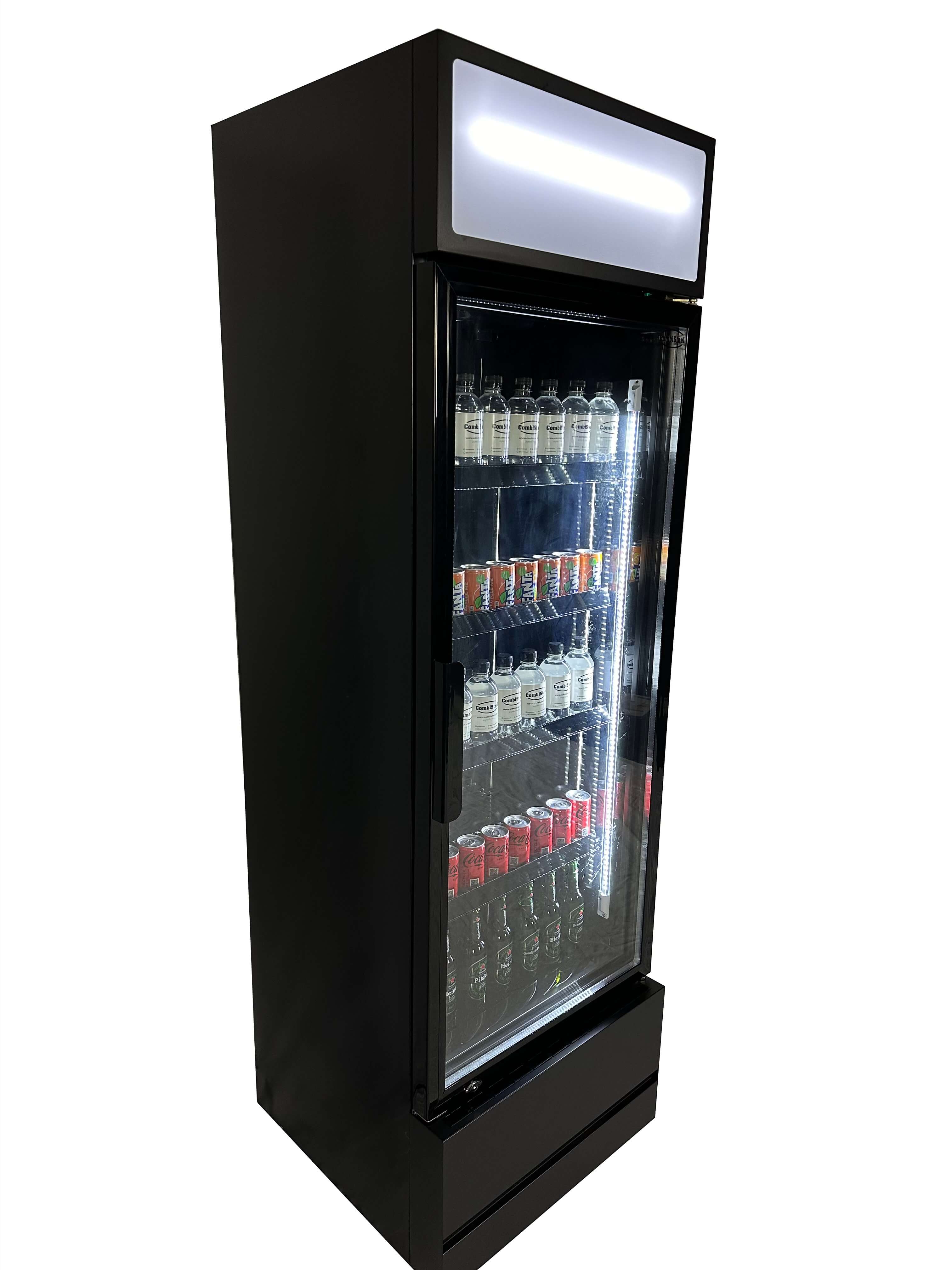 Combisteel Single Hinged Glass Door Bottle Fridge Merchandiser 360L | Black, LED Lighting & Fan-Assisted Cooling
