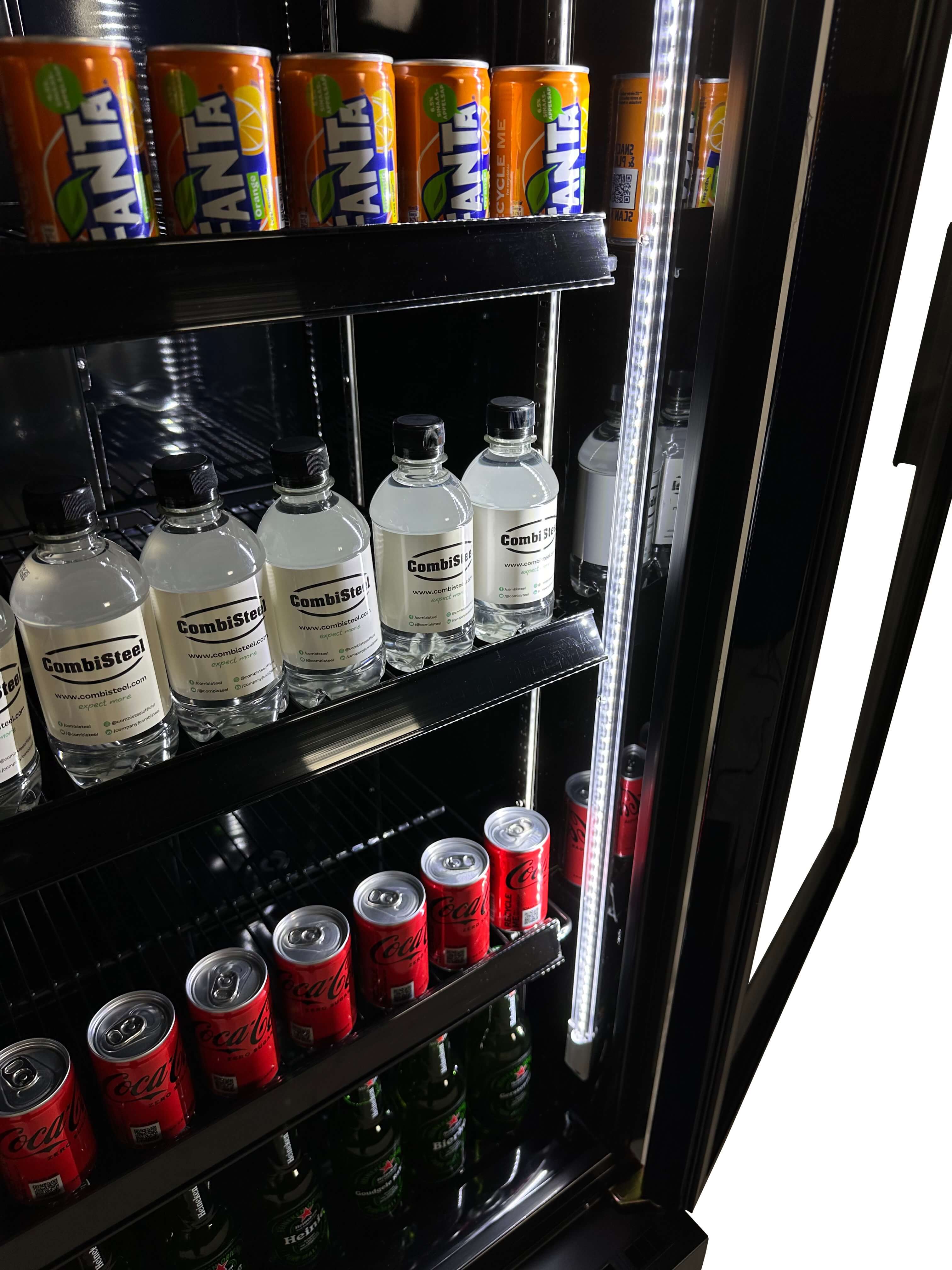 Combisteel Single Hinged Glass Door Bottle Fridge Merchandiser 360L | Black, LED Lighting & Fan-Assisted Cooling