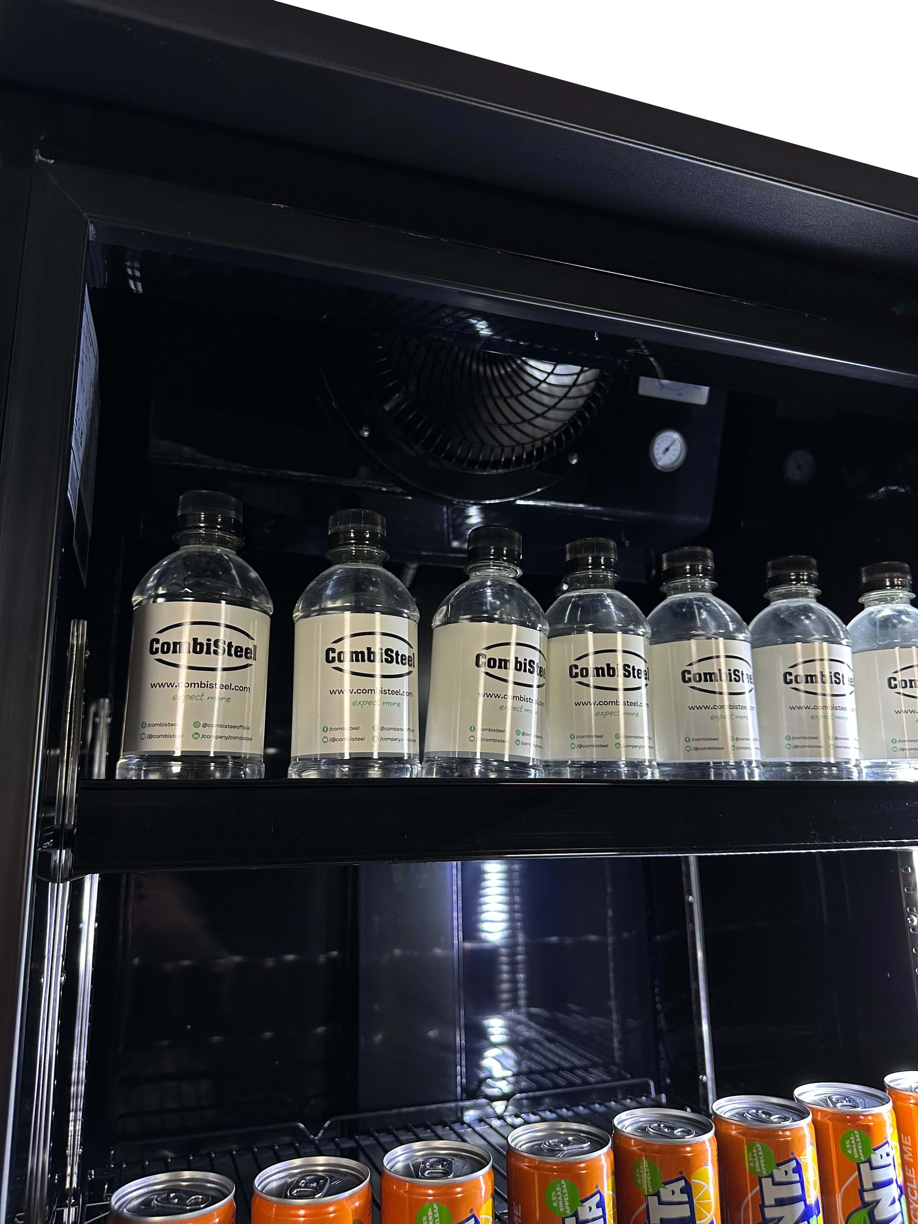 Combisteel Single Hinged Glass Door Bottle Fridge Merchandiser 360L | Black, LED Lighting & Fan-Assisted Cooling