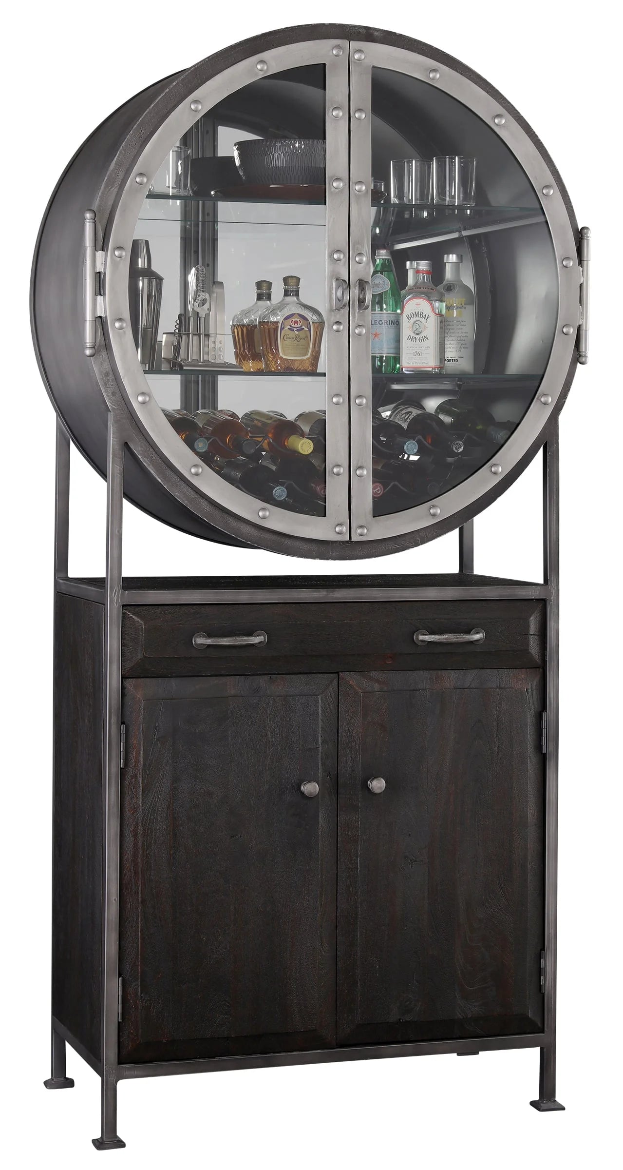 Rob Roy Aged Mocha Bar Cabinet with Wine & Glass Storage | Hardwood & Metal Frame