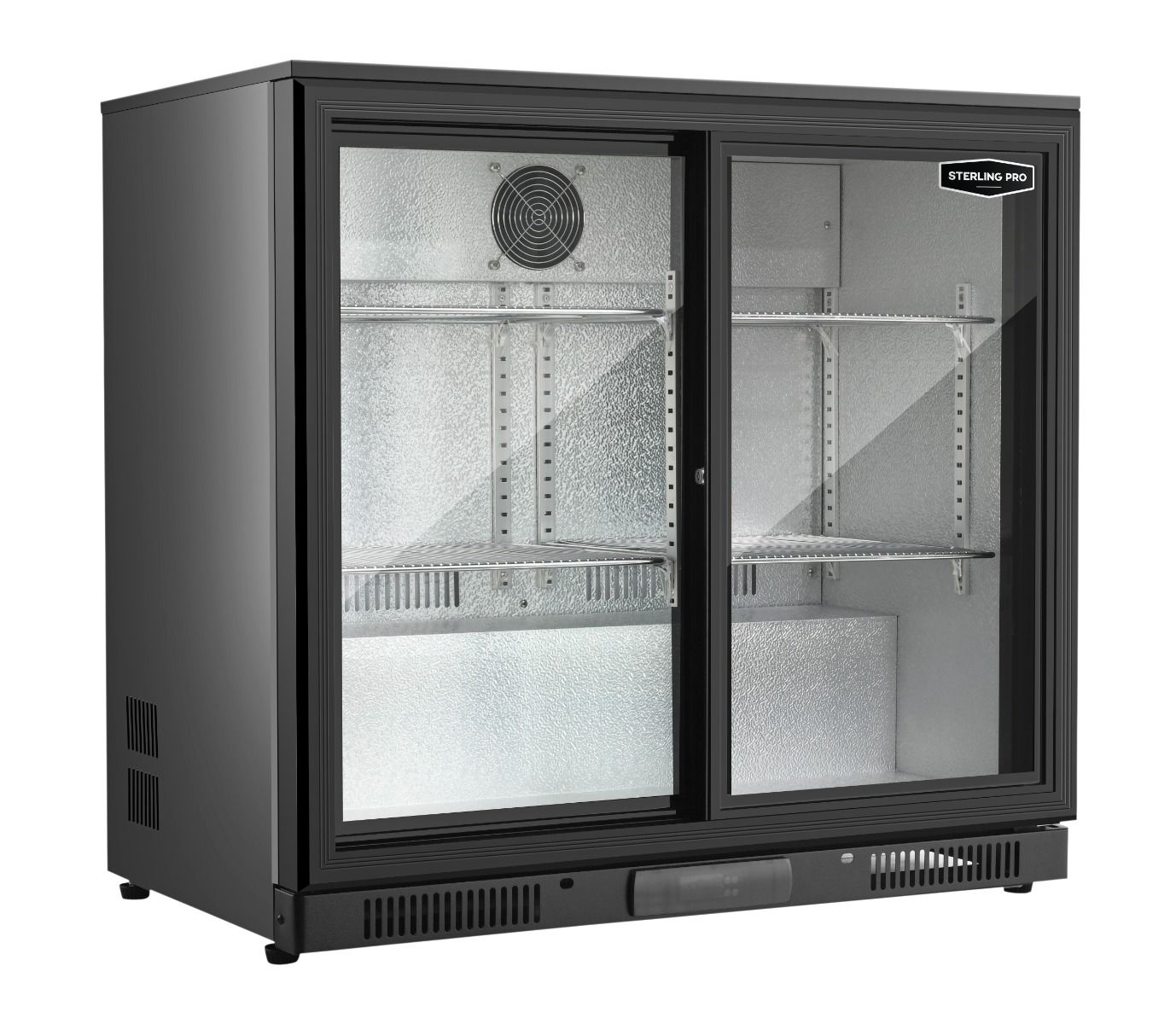 Sterling Pro Green SP2HC-BS Commercial Sliding Double Door Bottle Cooler – 180 Bottle Capacity, 900mm Black Upright Back Bar Fridge with LED Lighting, Adjustable Shelves & R600a Refrigerant