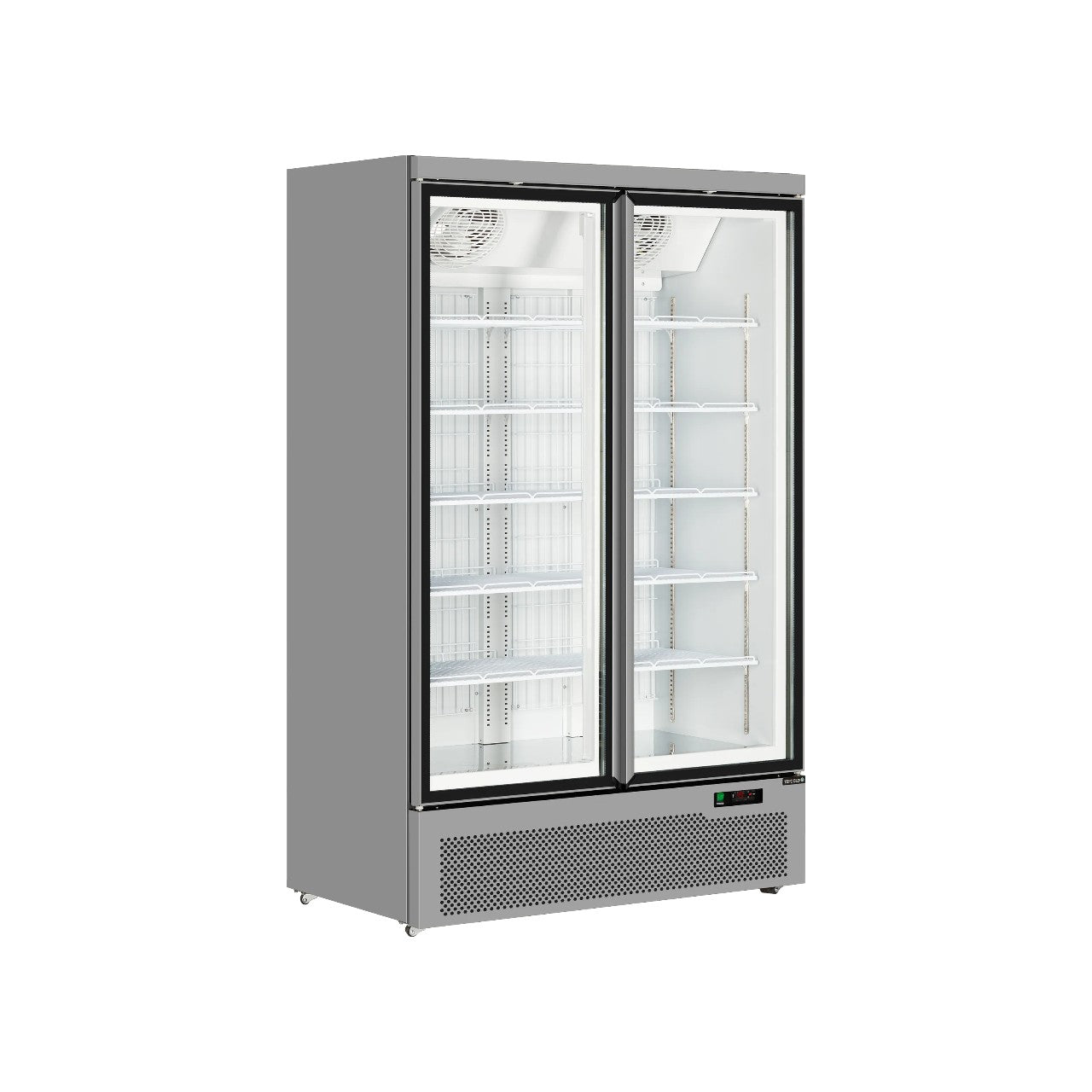 Atom Maxi F2DS Double Glass Door Display Freezer, 1006L Commercial Upright Merchandiser, Ventilated Cooling, LED Lighting, Silver RAL9006, -18 to -22°C