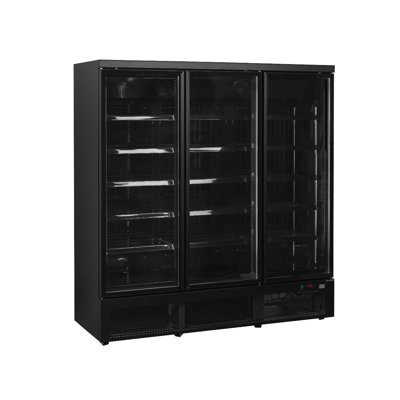 Atom Maxi 3-Door Black Display Freezer with LED Lighting – Ventilated Cooling, Self-Closing Glass Doors, Adjustable Shelves, -18 to -22°C