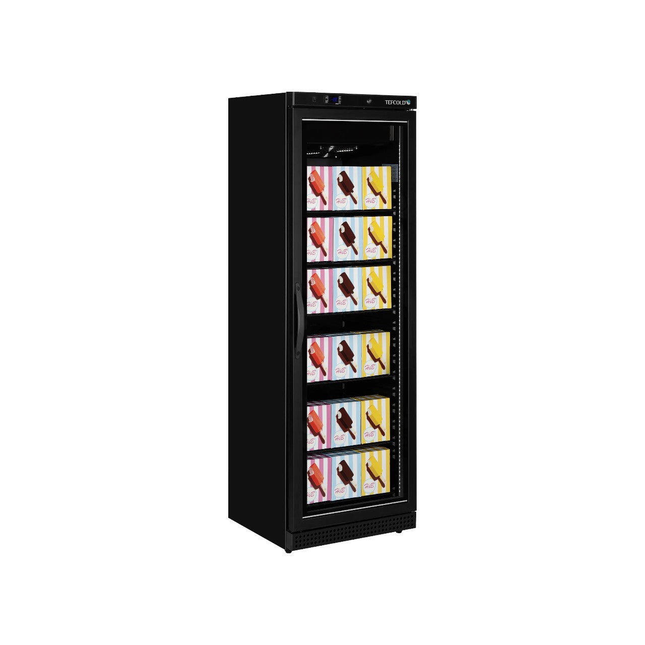 Glass Door Display Freezer UF400VGB – 400L Black Heated Glass Freezer with LED Light, Adjustable Shelves, Digital Controller, Ventilated Cooling