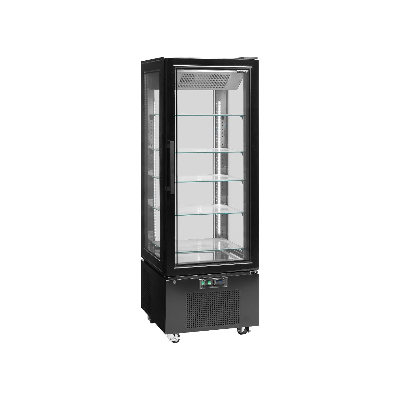 UPD400F Glass Display Freezer – Fully Automatic, Heated Double-Glazed Door, LED Interior Light, Fan-Assisted Cooling, 5 Adjustable Glass Shelves, Black/Glass, 248L Capacity
