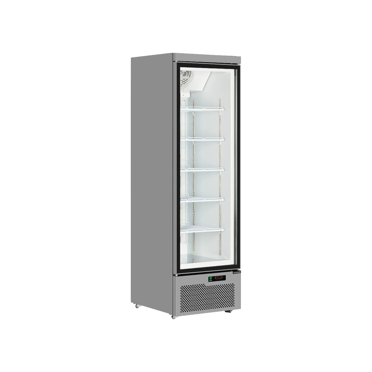 Atom Maxi F1DS Single Glass Door Display Freezer – 390L Commercial Upright Frozen Food Merchandiser, LED Lighting, Ventilated Cooling, Silver RAL9006, 750×760×2003mm