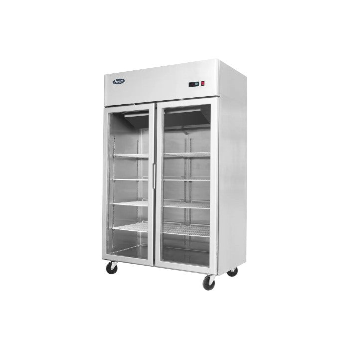 Atosa YCF9402GR Slimline Glass Double Door Upright Fridge – 900L, Stainless Steel, LED Lighting, Self-Closing Doors