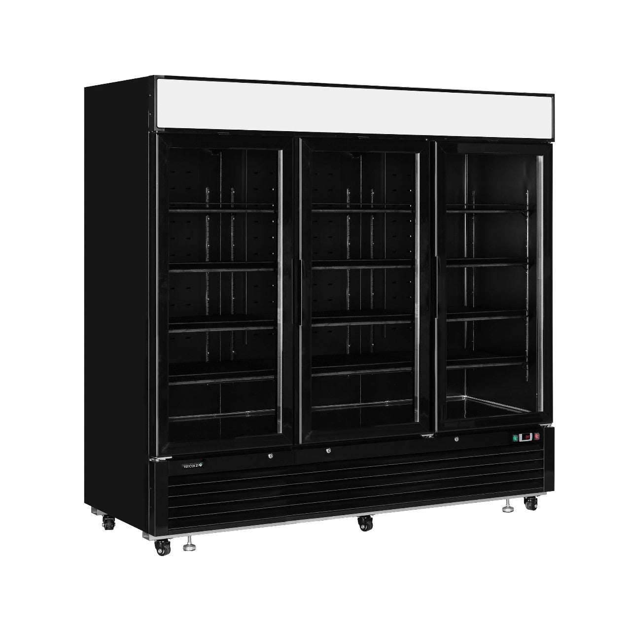 TEFCOLD LGC7500B Triple Glass Door Merchandiser Chiller – Black Finish, Fan Assisted Cooling, LED Canopy, 2050L Capacity