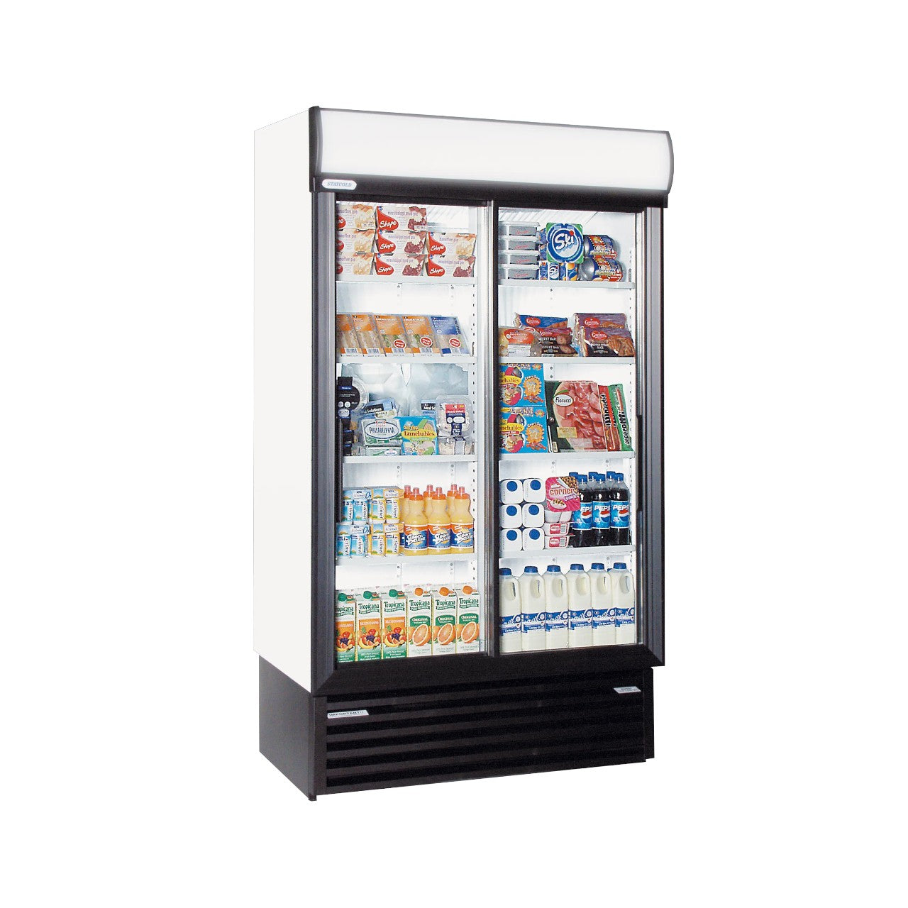 Glass Door Merchandiser SD1140 – 2 Sliding Doors, LED Lighting, Adjustable Shelves, Fan-Assisted Cooling, White Finish