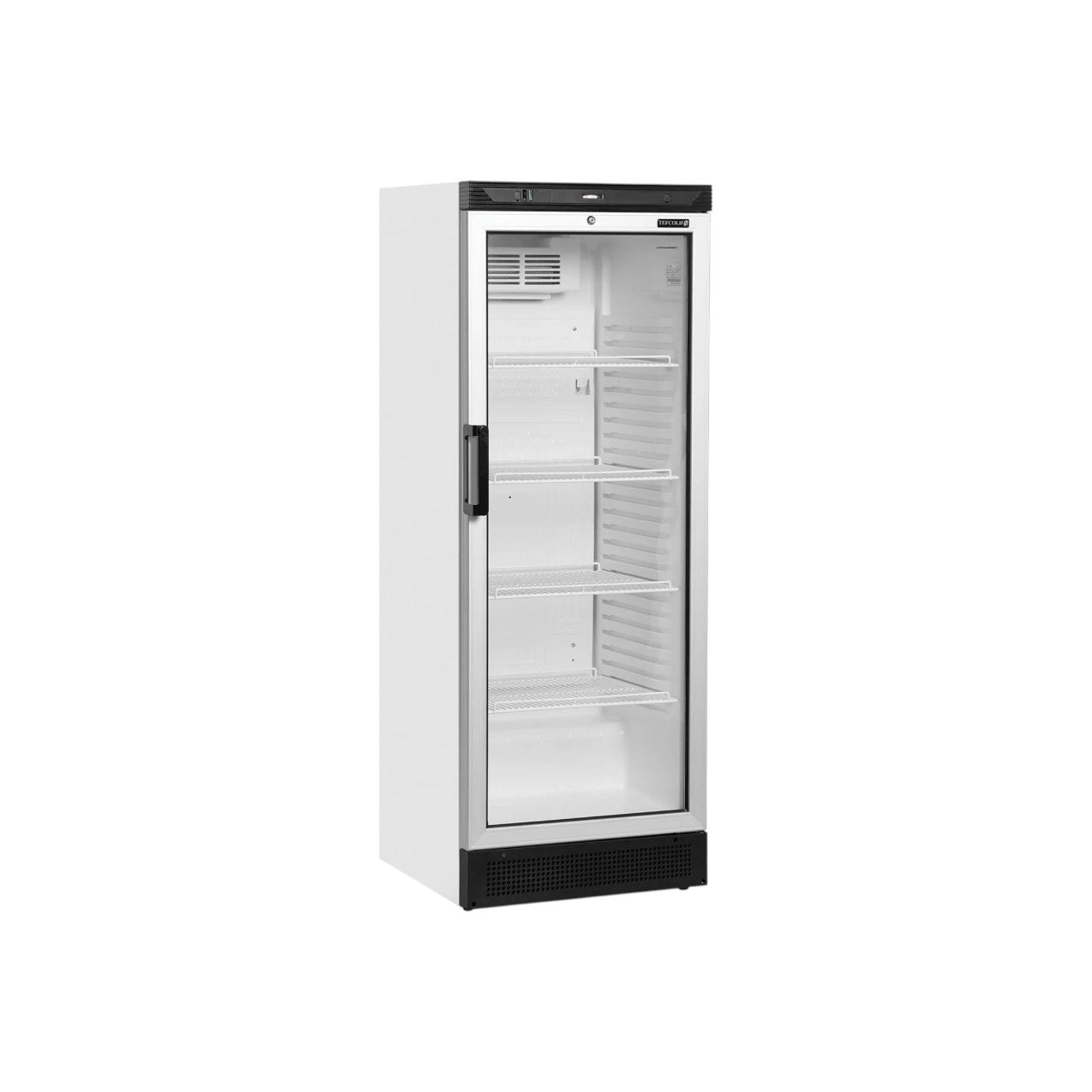 Glass Door Merchandiser FS1280 – 305L White Refrigerated Display Cooler with Fan-Assisted Cooling, Adjustable Shelves, LED Light, and Lock