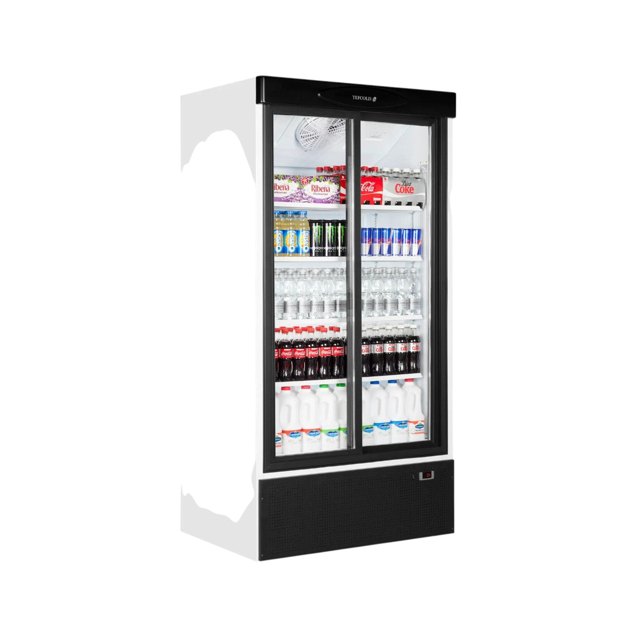 TECOLD FS1002S Sliding Glass Door Merchandiser – 2 Doors, 540L Net Capacity, LED Interior, Fan Assisted Cooling, Self-Closing Doors, White Finish